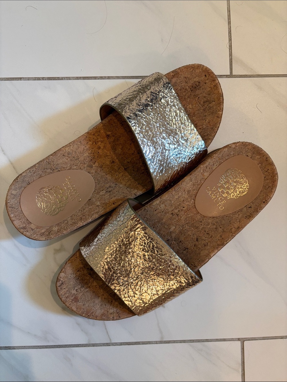 Vince Camuto Metallic Gold Cork Slide Sandals